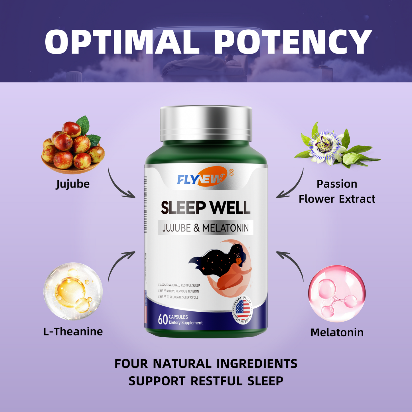 FLYNEW Sleep Well | Jujube Date Seed Extract, L-Theanine, Passion Flower Extract, Melatonin