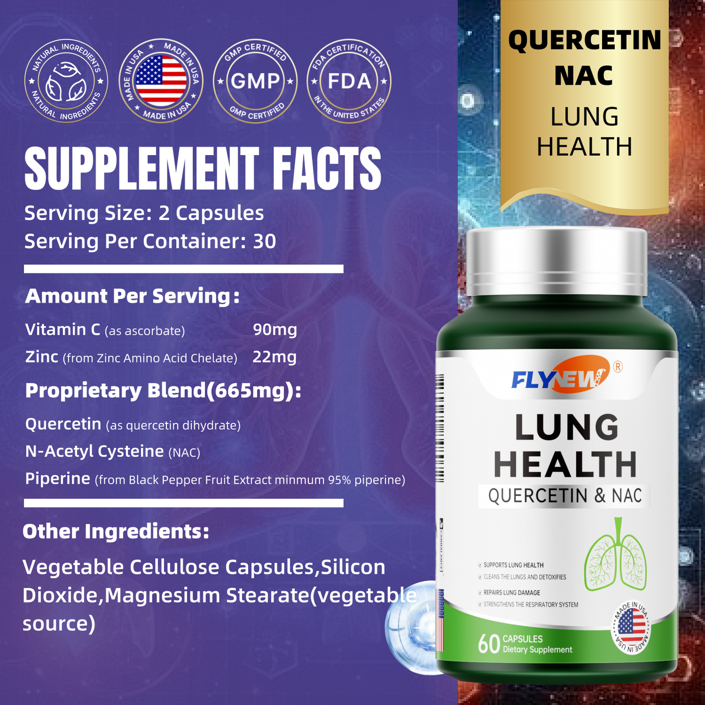 FLYNEW Lung Health | Quercetin, NAC, Piperine, Vitamin C & Zinc For Lung Detox Healthcare Supplement
