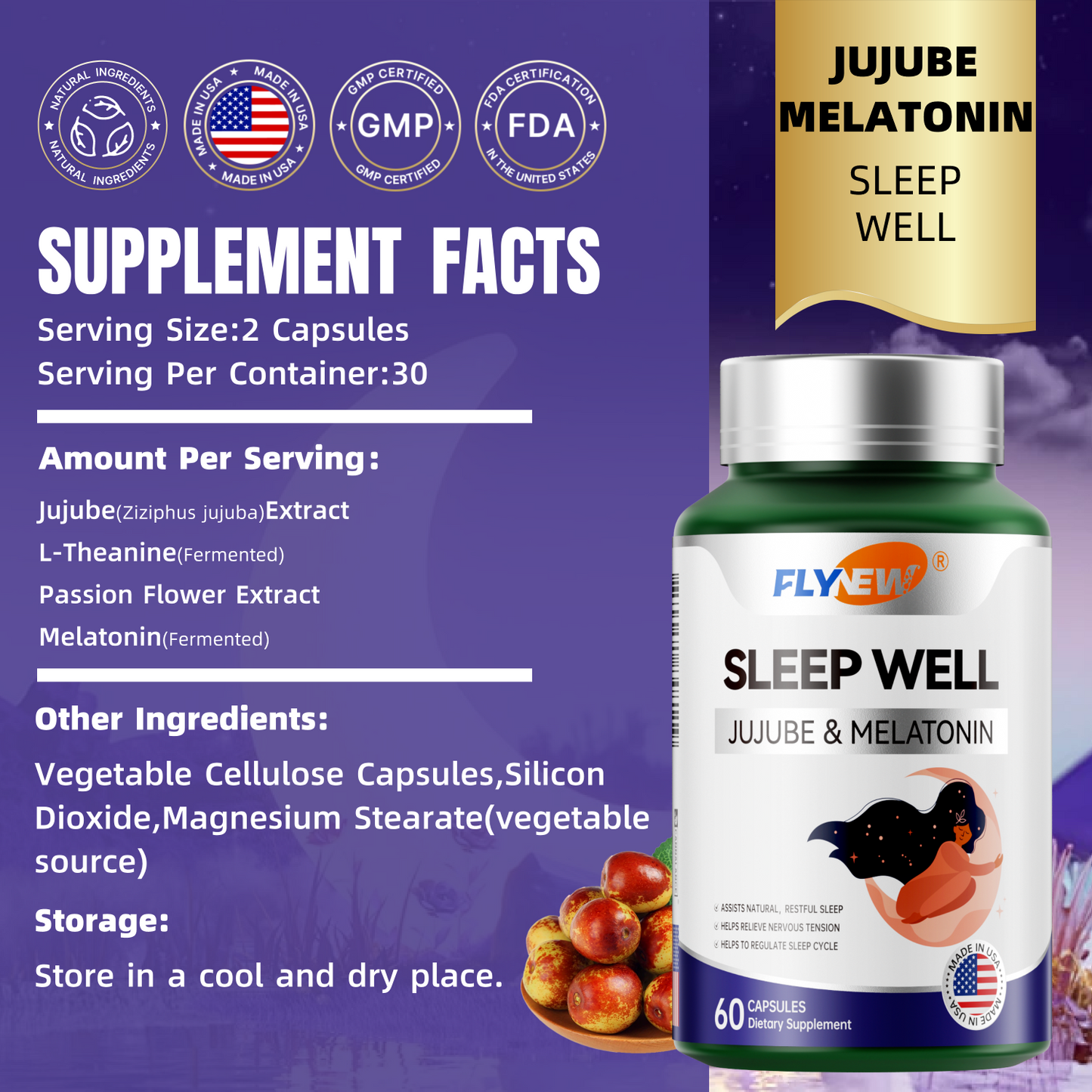 FLYNEW Sleep Well | Jujube Date Seed Extract, L-Theanine, Passion Flower Extract, Melatonin