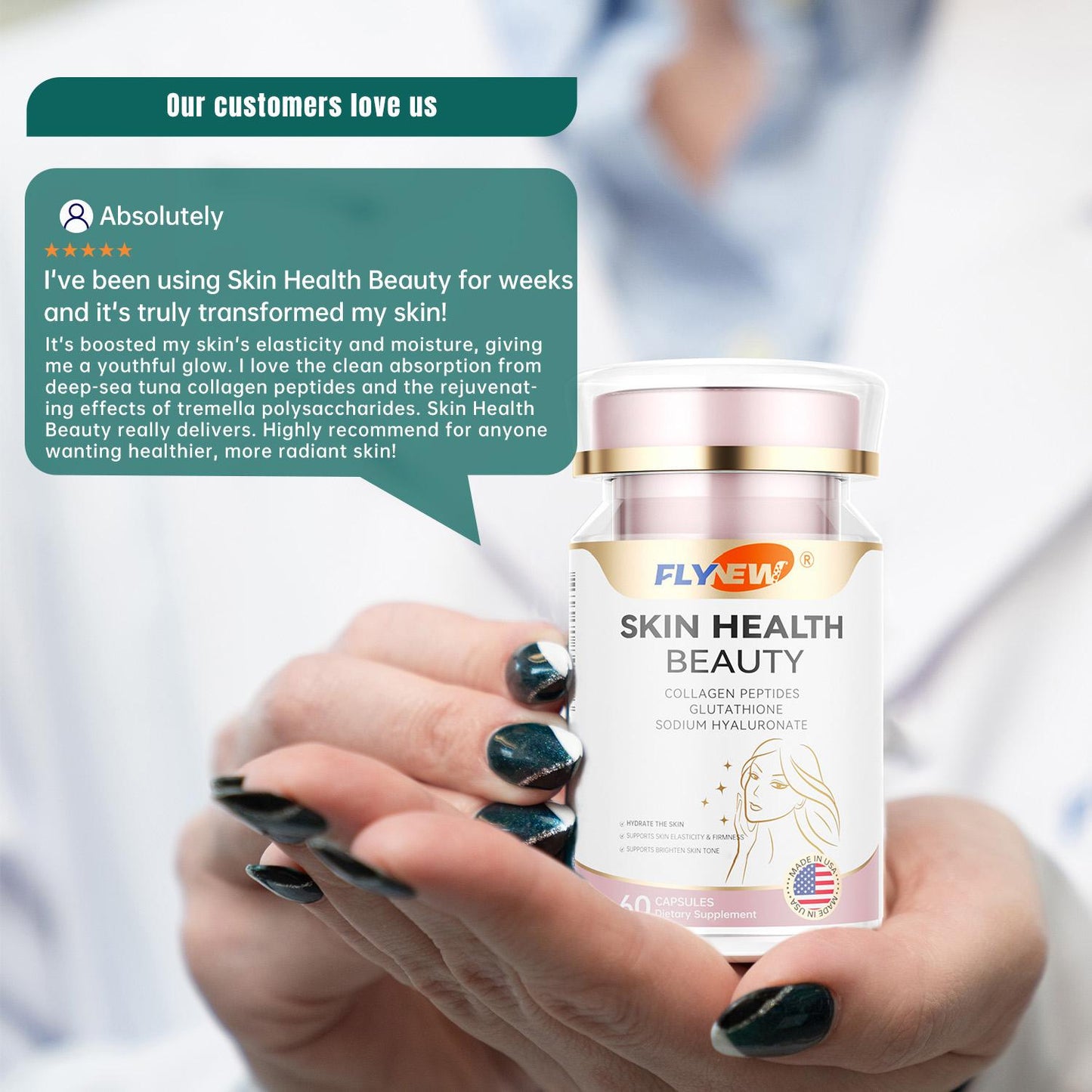 Flynew Skin Health | Sodium Hyaluronate, Glutathione, L-Theanine, Multi Collagen Peptides, Tremella Polysaccharides, Vitamin E, Vitamin C | Made in USA | 60 Capsules Dietary Supplement Fitness Edible