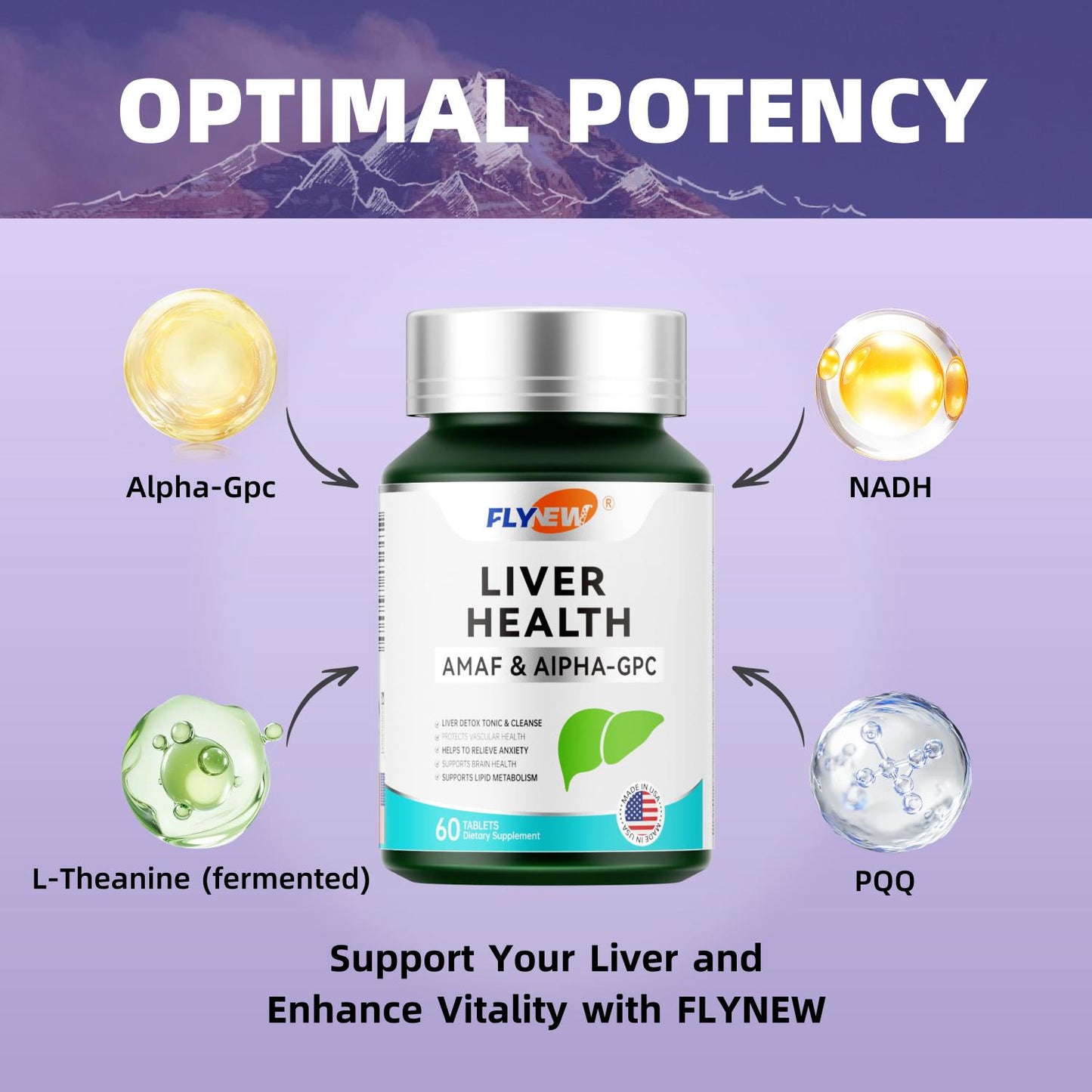 Flynew Liver Health | Alpha-GPC , L-Theanine, NADH, PQQ | Made in USA | 60 Tablets Dietary Supplement Healthcare
