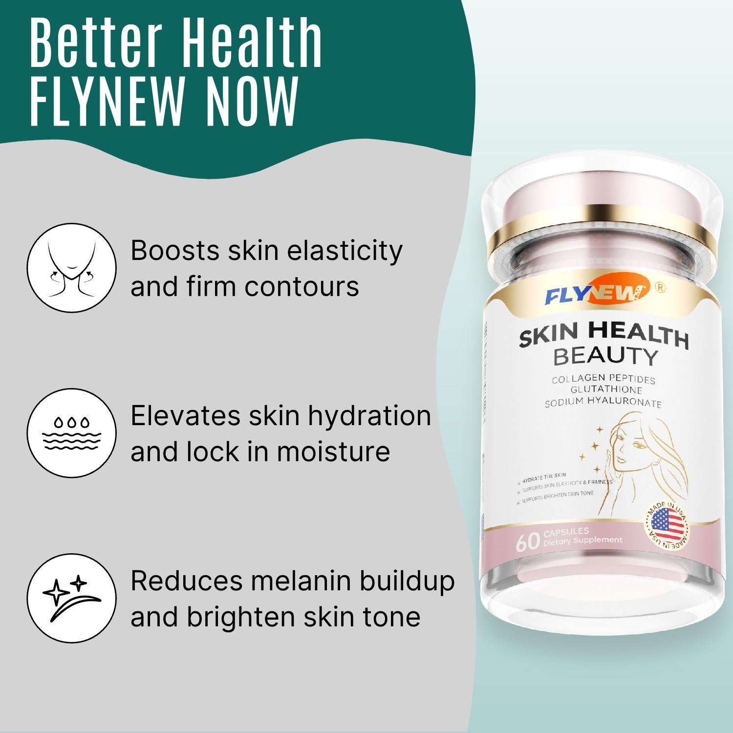 Flynew Skin Health | Sodium Hyaluronate, Glutathione, L-Theanine, Multi Collagen Peptides, Tremella Polysaccharides, Vitamin E, Vitamin C | Made in USA | 60 Capsules Dietary Supplement Fitness Edible