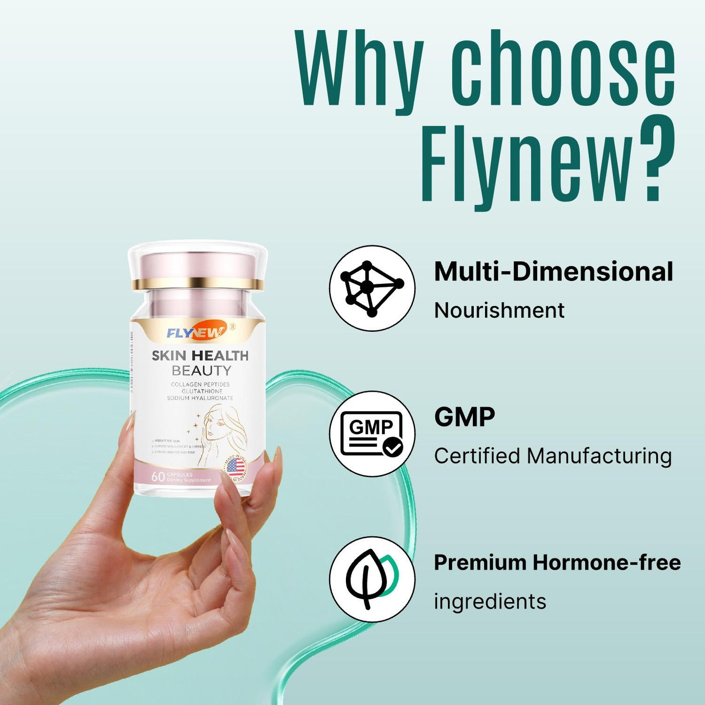 Flynew Skin Health | Sodium Hyaluronate, Glutathione, L-Theanine, Multi Collagen Peptides, Tremella Polysaccharides, Vitamin E, Vitamin C | Made in USA | 60 Capsules Dietary Supplement Fitness Edible