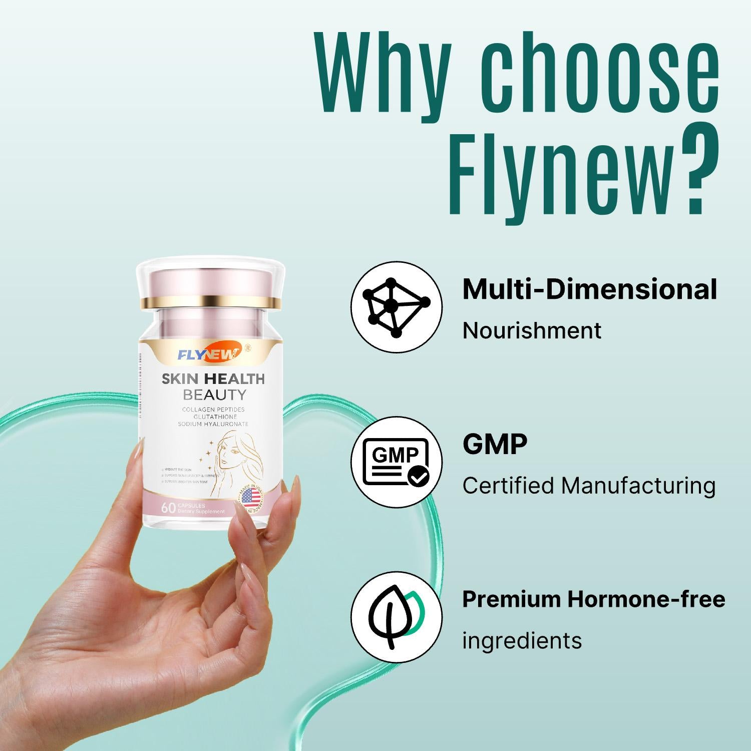 Flynew Skin Health | Sodium Hyaluronate, Glutathione, L-Theanine, Multi Collagen Peptides, Tremella Polysaccharides, Vitamin E, Vitamin C | Made in USA | 60 Capsules Dietary Supplement Fitness Edible