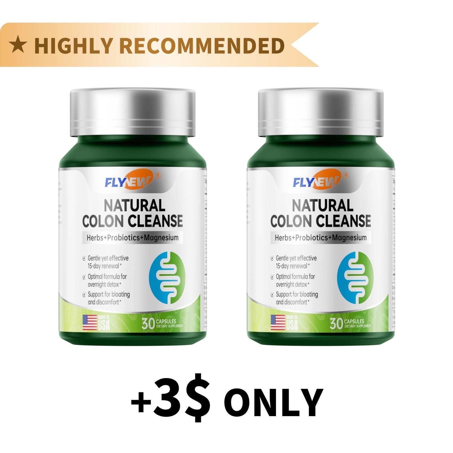 FLYNEW Colon Cleanse - Supports Gut Health & Regularity - Organic Ingredients - Relieves Occasional Constipation, Bloating & Gas - For Women & Men - 30ct each bottle