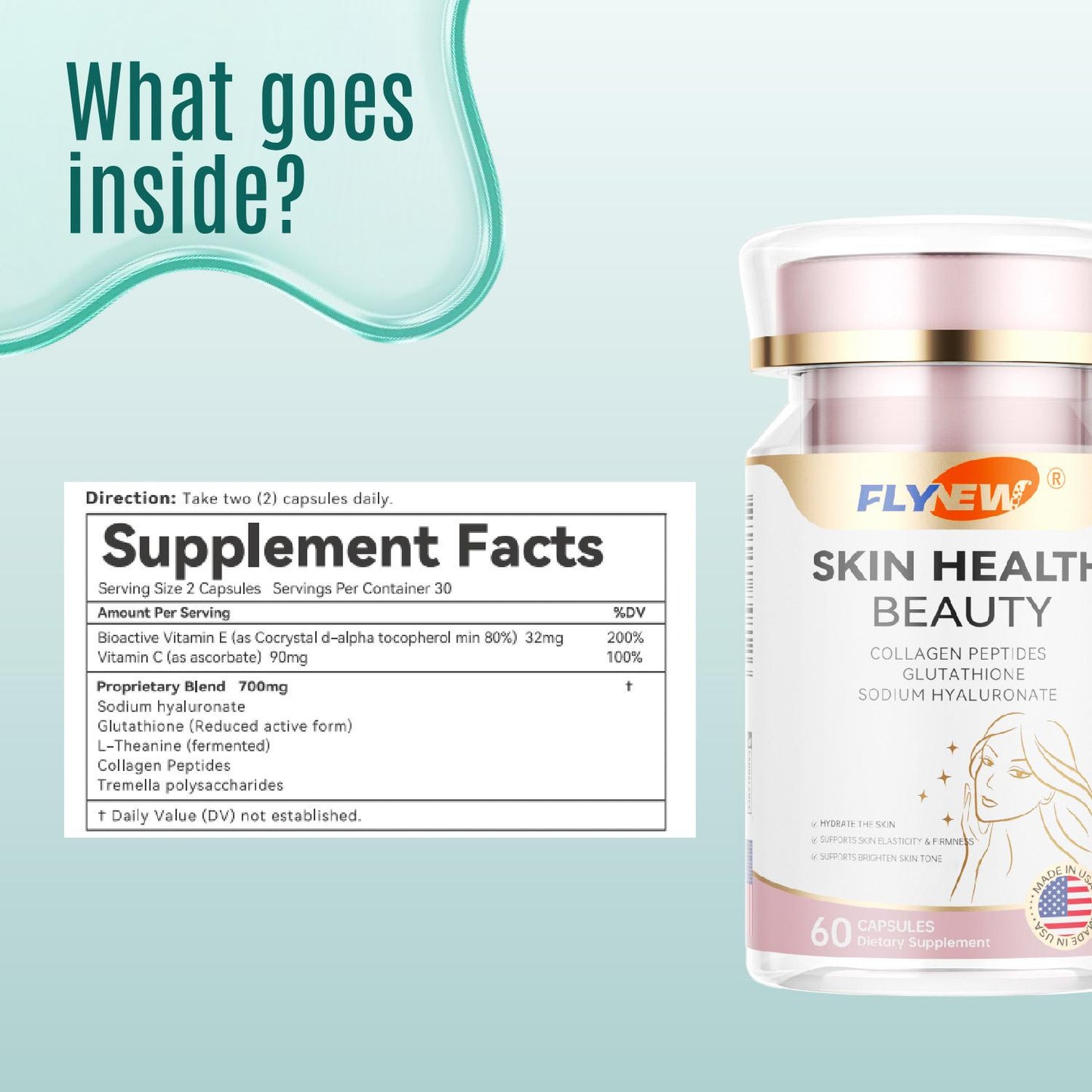 Flynew Skin Health | Sodium Hyaluronate, Glutathione, L-Theanine, Multi Collagen Peptides, Tremella Polysaccharides, Vitamin E, Vitamin C | Made in USA | 60 Capsules Dietary Supplement Fitness Edible