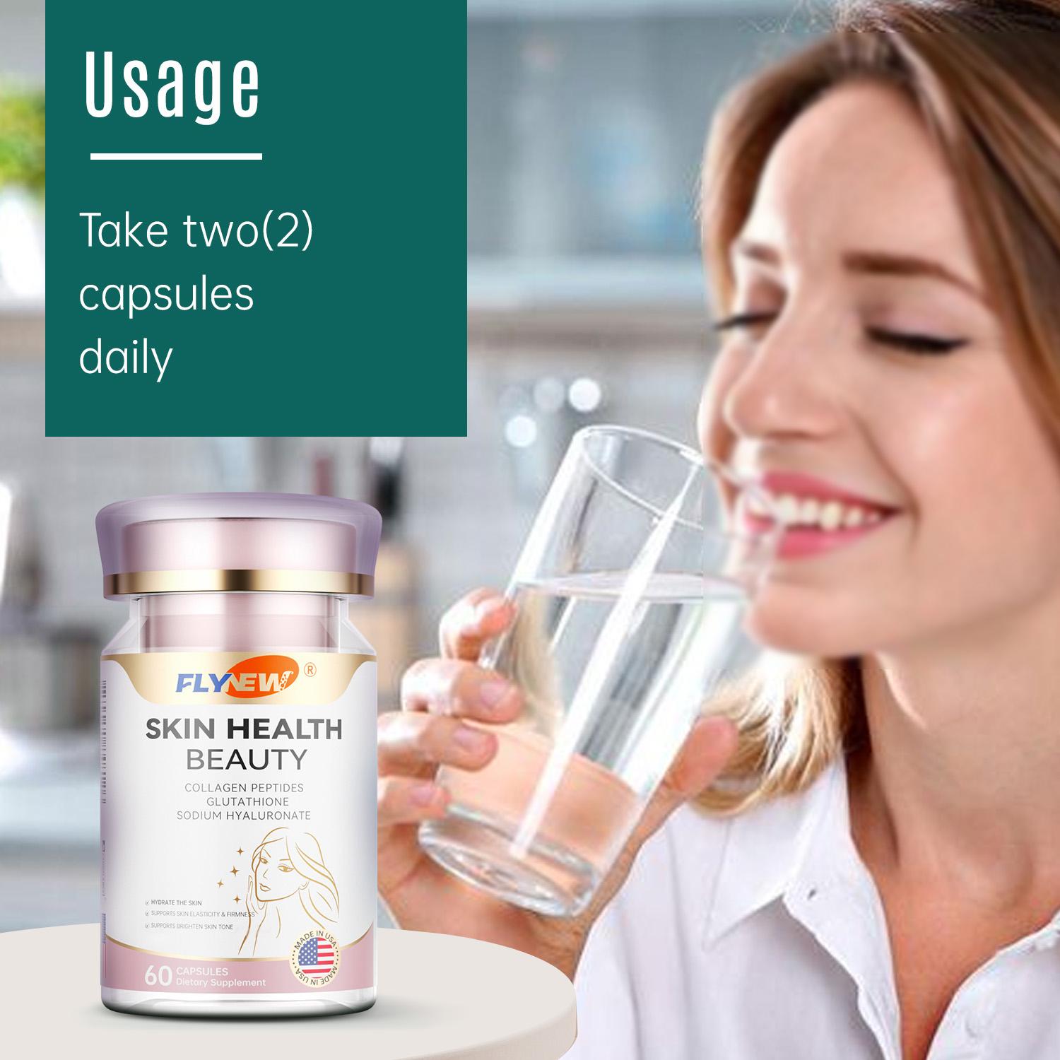 Flynew Skin Health | Sodium Hyaluronate, Glutathione, L-Theanine, Multi Collagen Peptides, Tremella Polysaccharides, Vitamin E, Vitamin C | Made in USA | 60 Capsules Dietary Supplement Fitness Edible