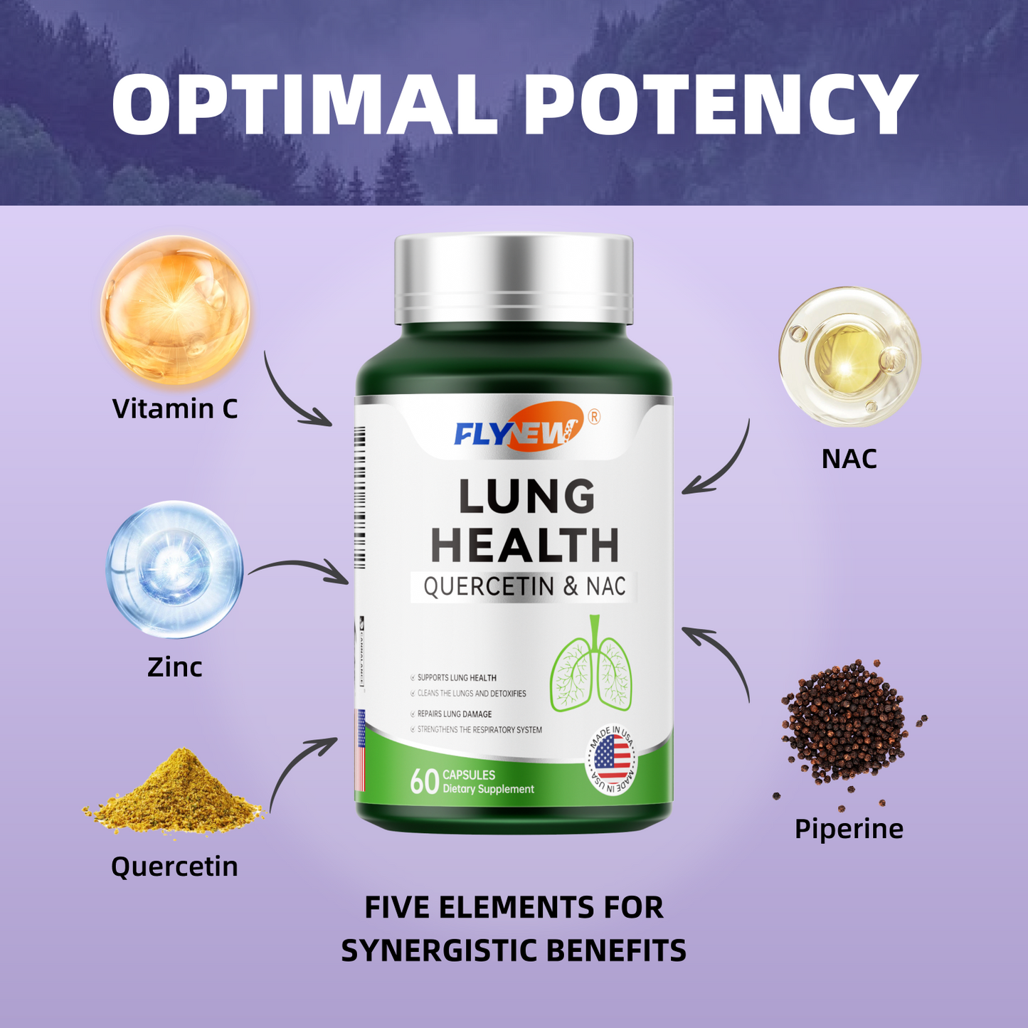 FLYNEW Lung Health | Quercetin, NAC, Piperine, Vitamin C & Zinc For Lung Detox Healthcare Supplement