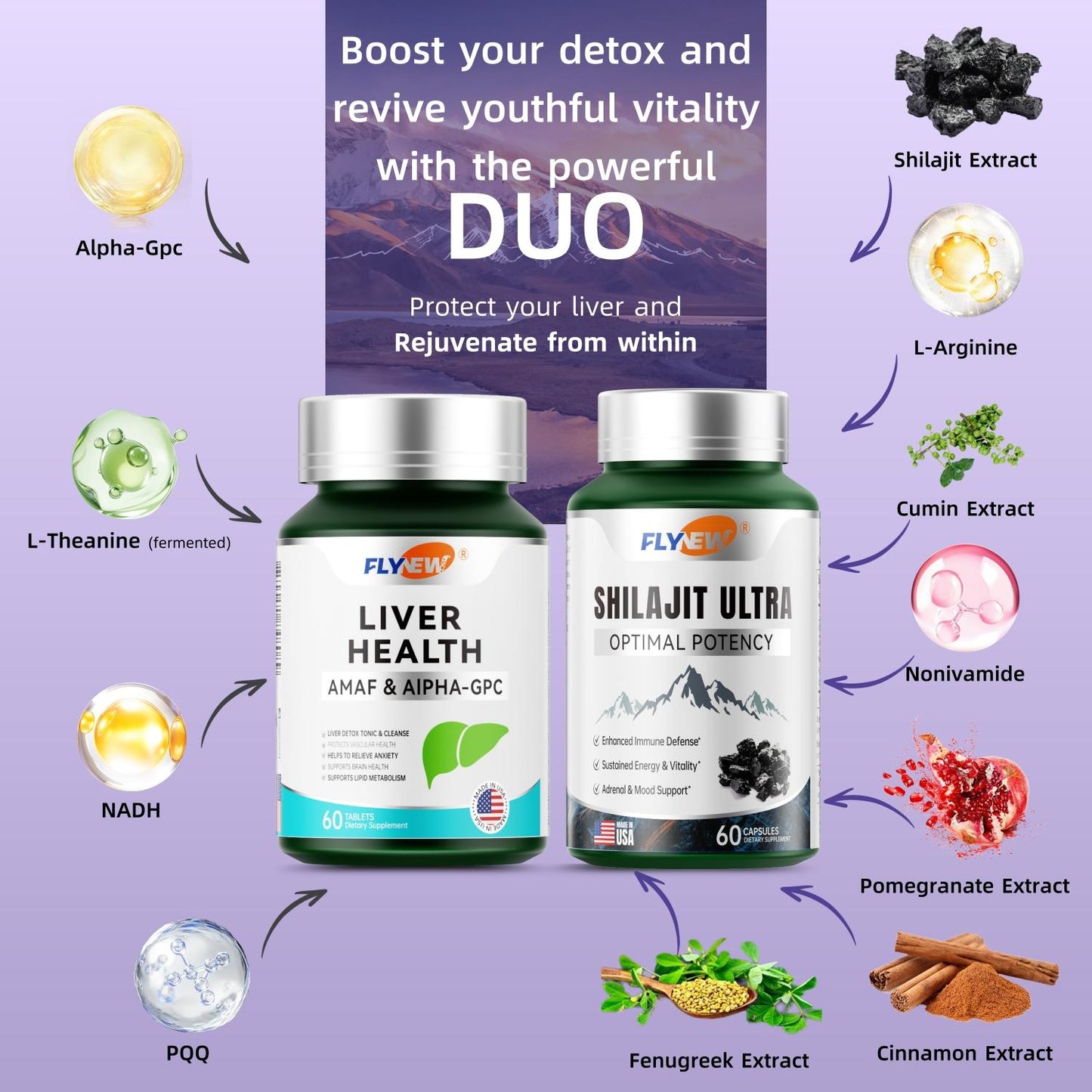 FlyNew 30-Day Energy Boost Kit | Liver Health with Alpha-GPC, L-Theanine, NADH, PQQ & Shilajit Ultra | Pure Himalayan Organic Resin | Energy, Cognitive & Immune Support | 85+ Trace Minerals | Made in USA | 120 Capsules Dietary Supplement