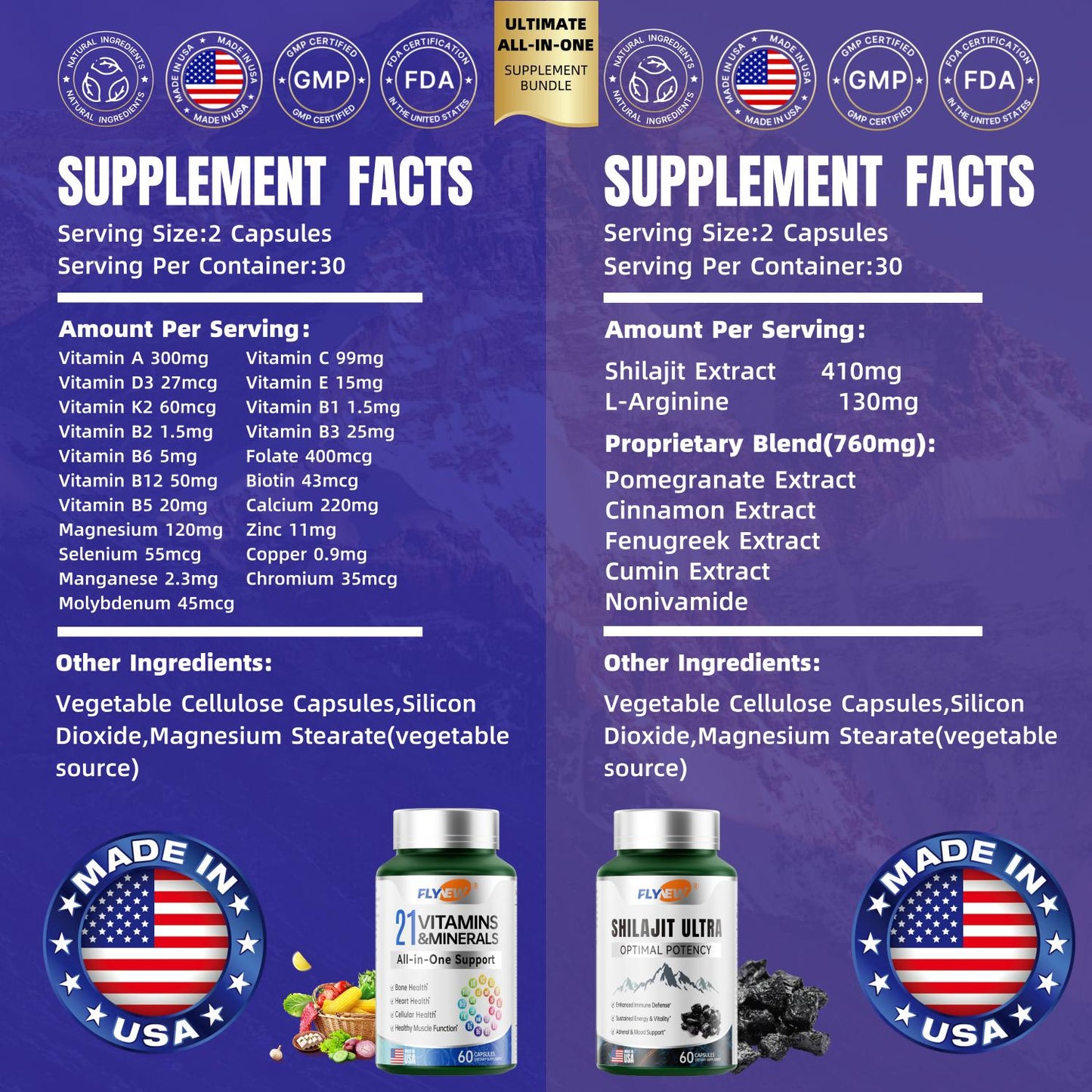 Flynew 21 All-in-One Vitamins & Minerals and Shilajit Bundle | Highly Potent Herbal Ingredients & Pure Himalayan Organic Resin Natural Shilajit Resin with 85 + Trace Minerals | Made in USA | 120 Capsules Dietary Supplement Healthcare Edible