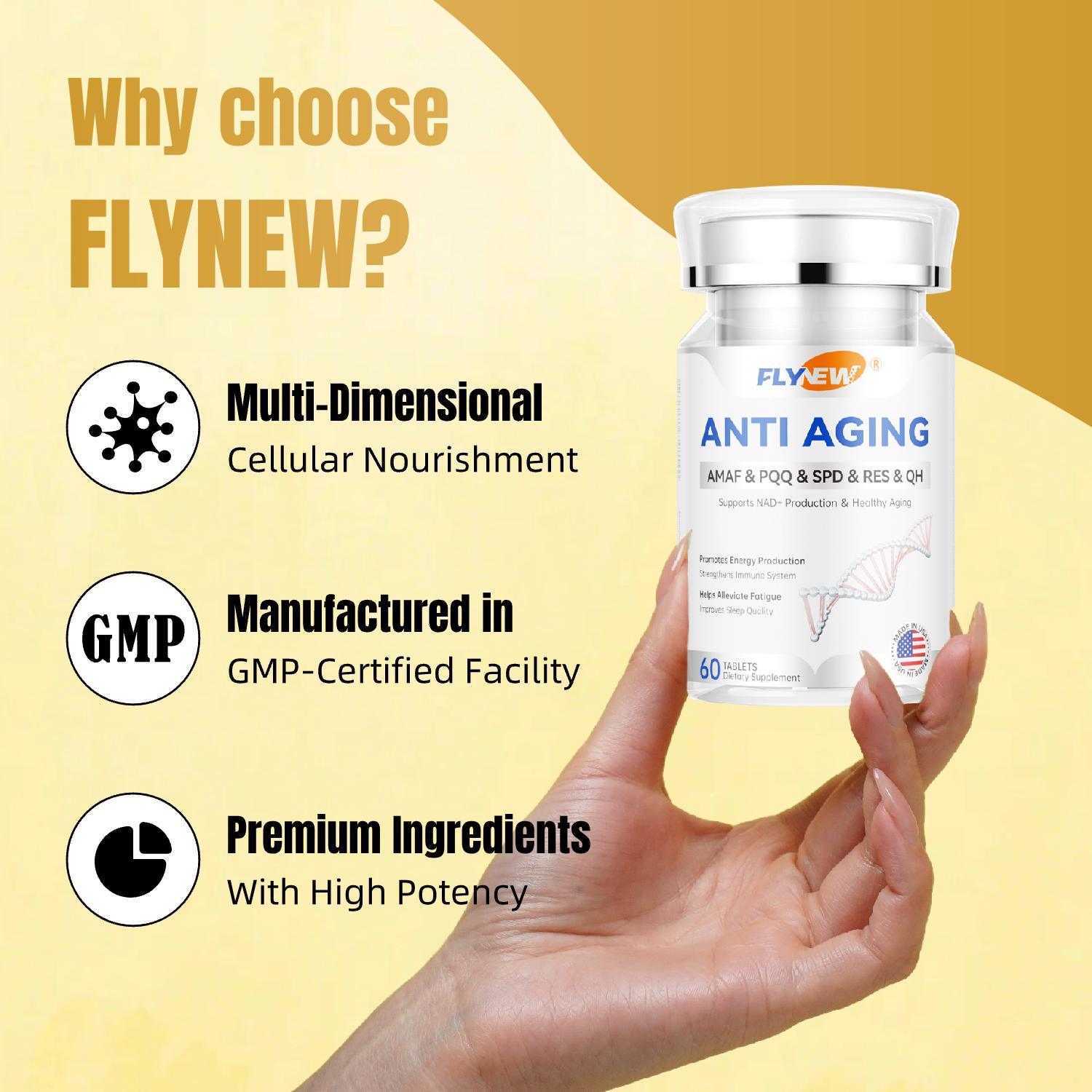 Flynew Anti-Aging | Supports NAD+Production & Healthy Aging | Made in USA | 60 Capsules Dietary Supplement Fitness Edible