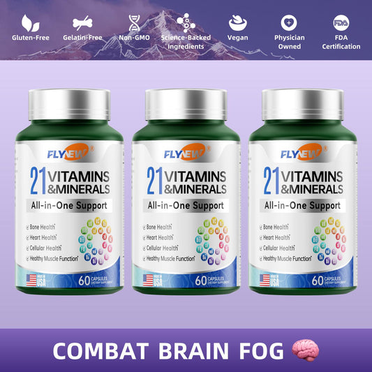 3 Bottles of Flynew 21 All-in-One Support Vitamins & Minerals with Highly Potent Herbal Ingredients | Made in USA | 60 Capsules Dietary Supplement