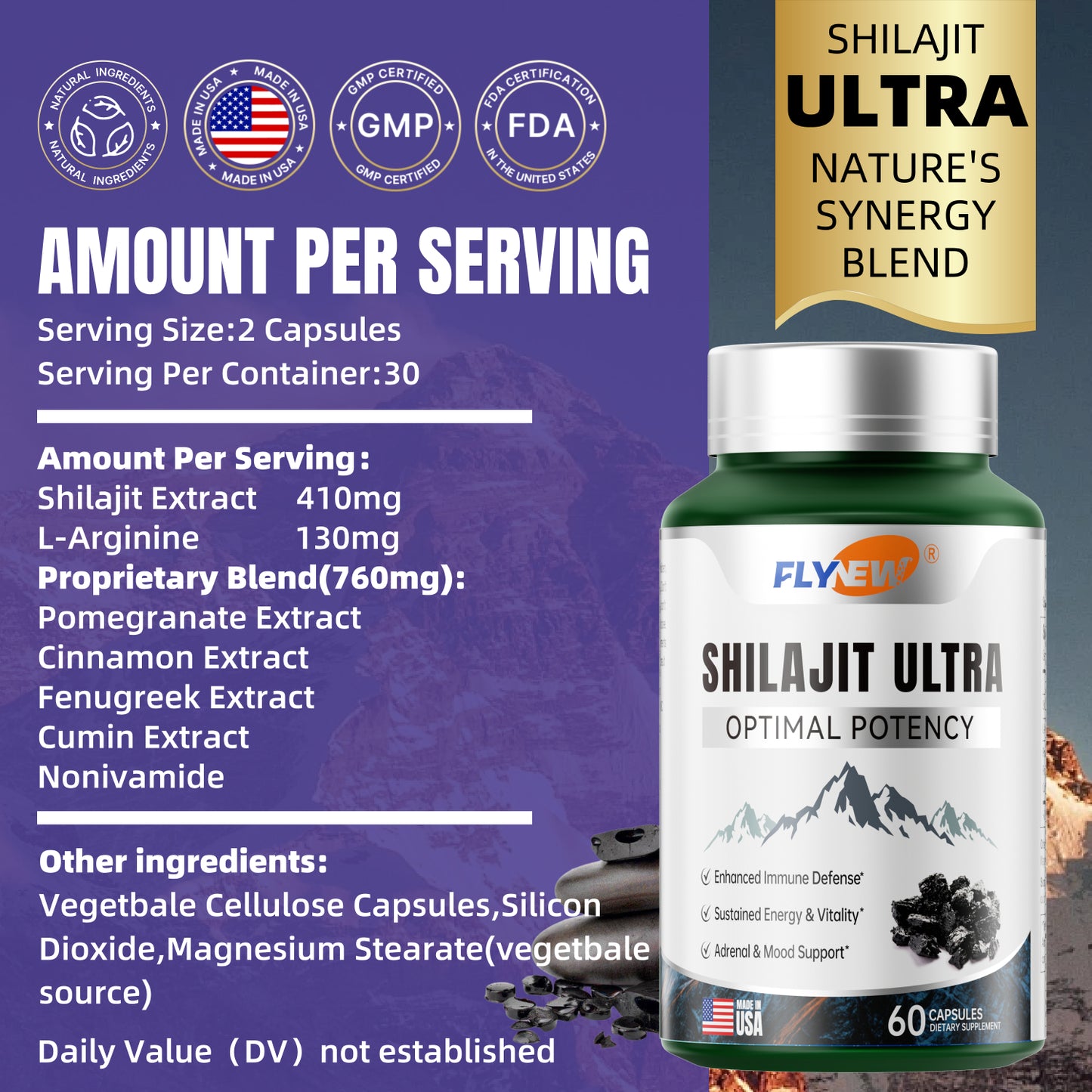 FLYNEW Shilajit Ultra | Pure Himalayan Resin | 85+ Trace Minerals | Energy Booster, Cognitive & Immune Support | Extra Strength & High Potency