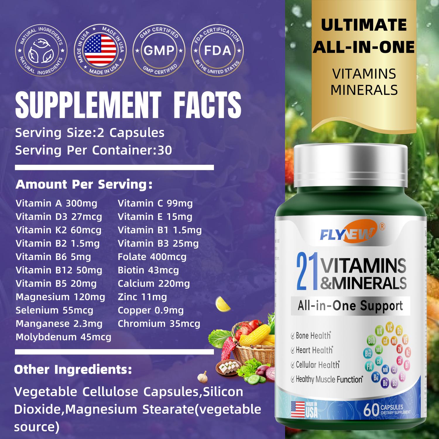 3 Bottles of Flynew 21 All-in-One Support Vitamins & Minerals with Highly Potent Herbal Ingredients | Made in USA | 60 Capsules Dietary Supplement