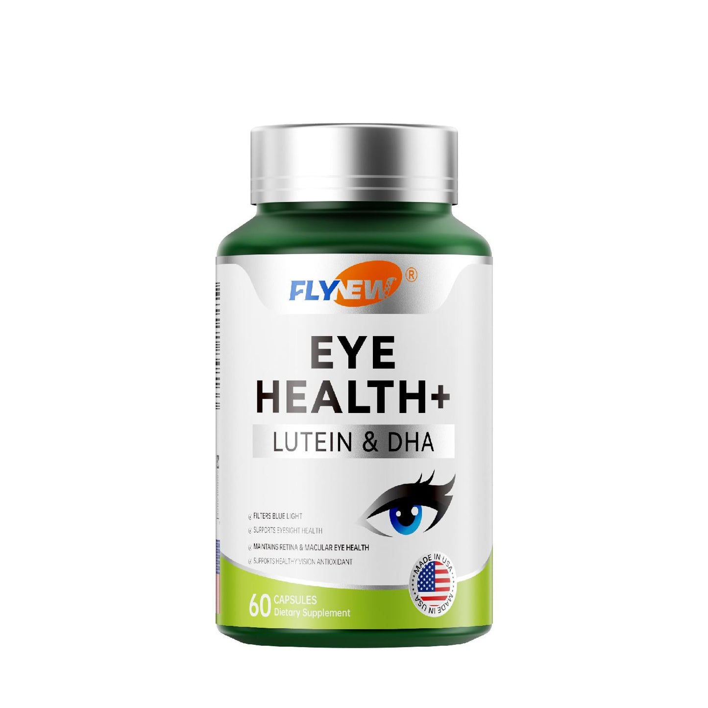 Flynew Eye Health | Lutin 10mg, Zeaxanthin 2.5mg, Anthocyanins 24.5mg, DHA 50mg |  Made in USA | 60 Capsules Dietary Supplement Fitness Edible