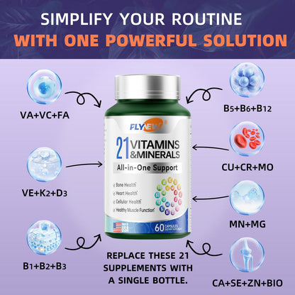 3 Bottles of Flynew 21 All-in-One Support Vitamins & Minerals with Highly Potent Herbal Ingredients | Made in USA | 60 Capsules Dietary Supplement