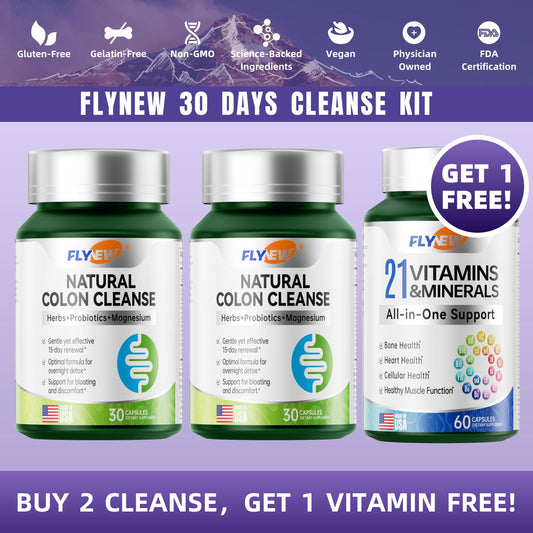FLYNEW Colon Cleanse & 21 All-in-One Support Vitamins & Minerals  Bundle | Organic Gut Health Support | Relieves Constipation, Bloating & Gas | 85+ Trace Minerals &  Herbal Ingredients with Probiotics | Made in USA | 120 Capsules Dietary Supplement