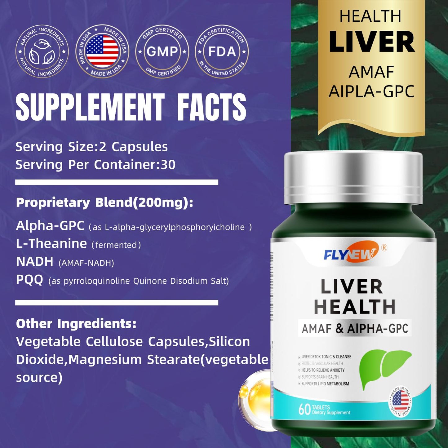 Flynew Liver Health | Alpha-GPC , L-Theanine, NADH, PQQ | Made in USA | 60 Tablets Dietary Supplement   Healthcare