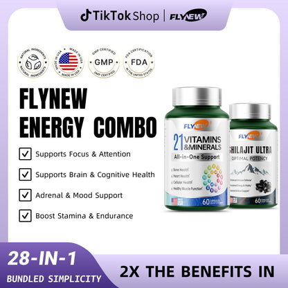 Flynew 21 All-in-One Vitamins & Minerals and Shilajit Bundle | Highly Potent Herbal Ingredients & Pure Himalayan Organic Resin Natural Shilajit Resin with 85 + Trace Minerals | Made in USA | 120 Capsules Dietary Supplement Healthcare Edible