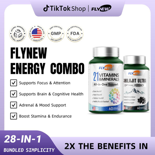 Flynew 21 All-in-One Vitamins & Minerals and Shilajit Bundle | Highly Potent Herbal Ingredients & Pure Himalayan Organic Resin Natural Shilajit Resin with 85 + Trace Minerals | Made in USA | 120 Capsules Dietary Supplement Healthcare Edible