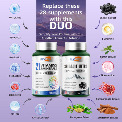 Flynew 21 All-in-One Vitamins & Minerals and Shilajit Bundle | Highly Potent Herbal Ingredients & Pure Himalayan Organic Resin Natural Shilajit Resin with 85 + Trace Minerals | Made in USA | 120 Capsules Dietary Supplement Healthcare Edible